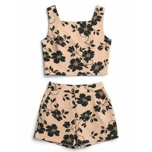 JWD Womens 2-Piece Shorts Set XL Khaki Black Floral Casual Summer Top Outfit